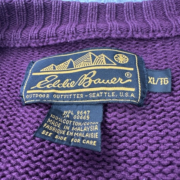 VTG 90s Eddie Bauer Cable Knit Cotton Sweater Men XL Plum Grandpa Heavyweight - Picture 2 of 16